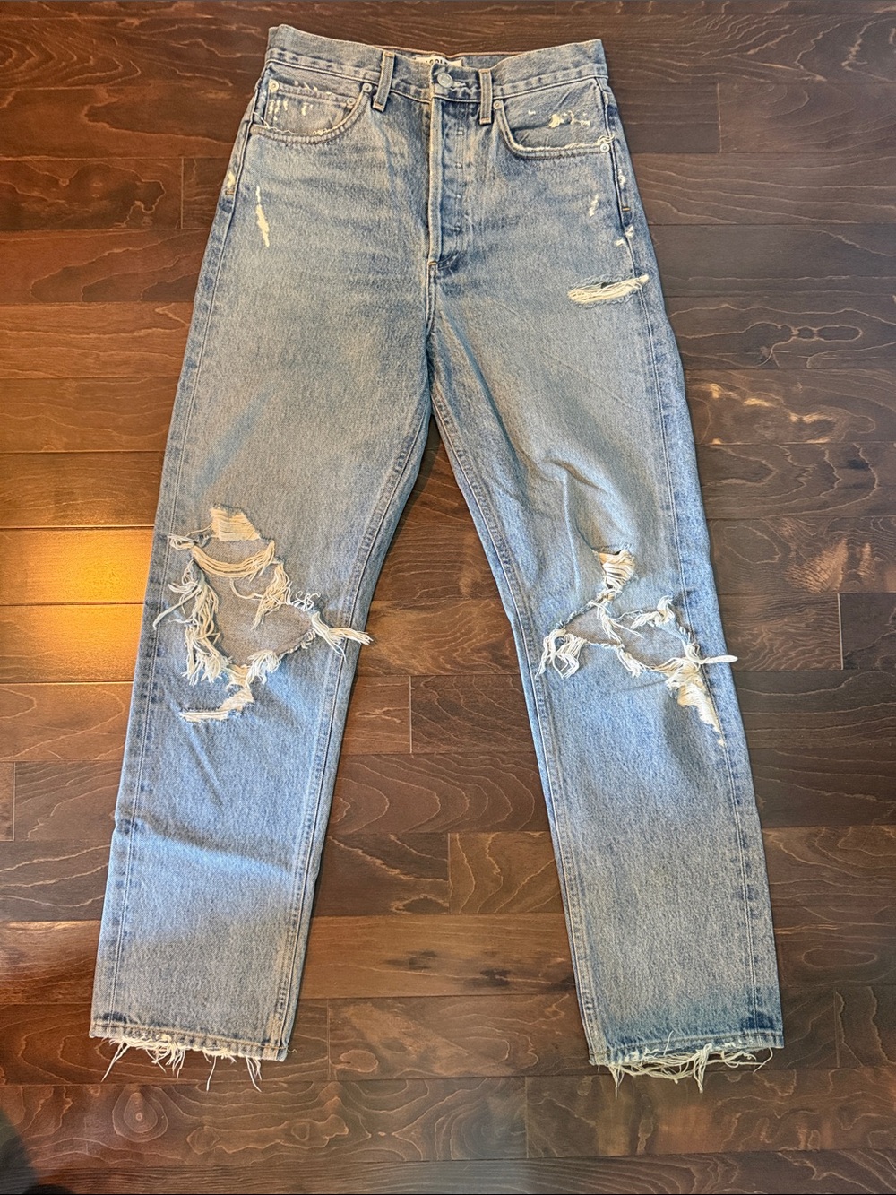Agolde Light Blue Distressed Straight-Leg Jeans